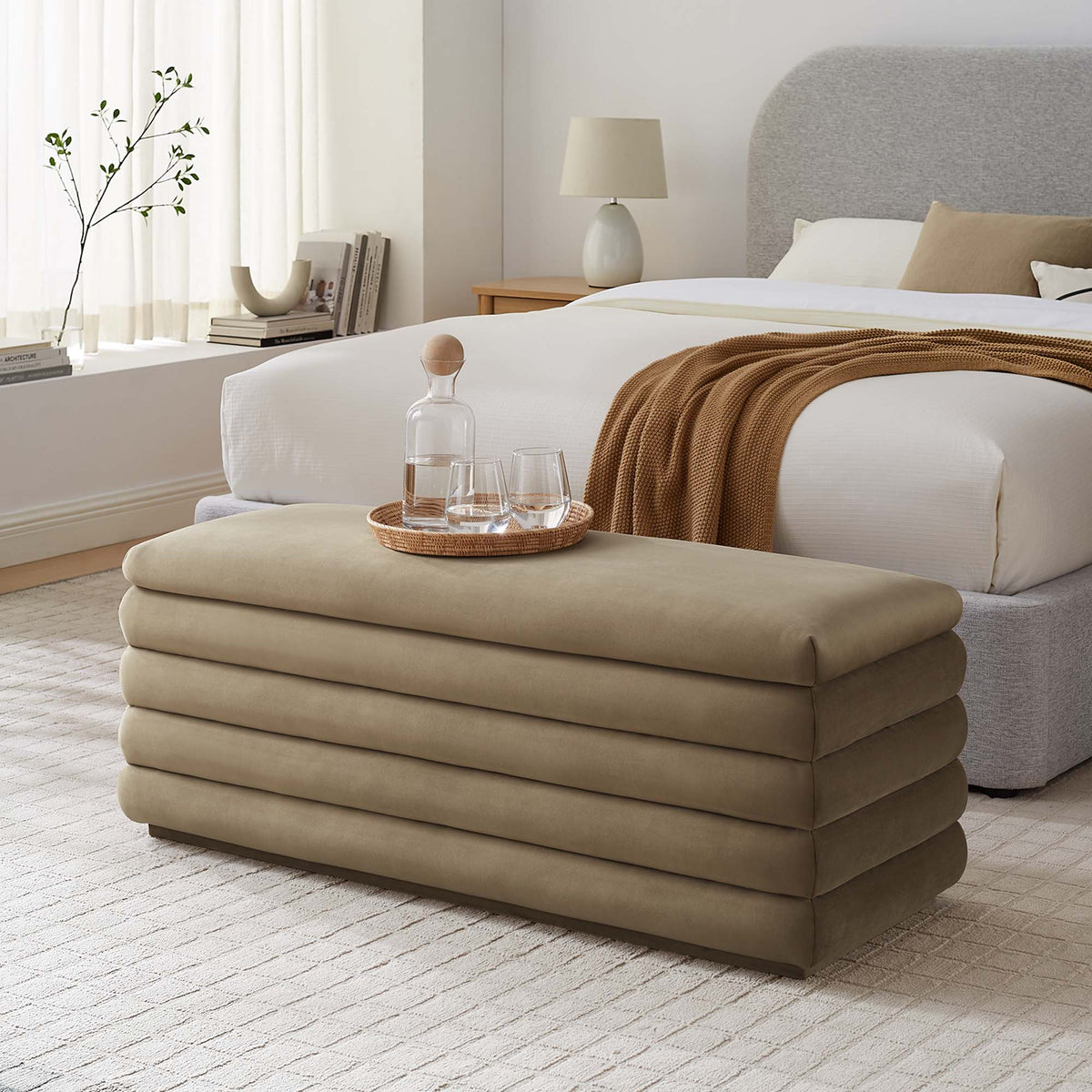 Mezzo Upholstered Performance Velvet Storage Bench - Taupe
