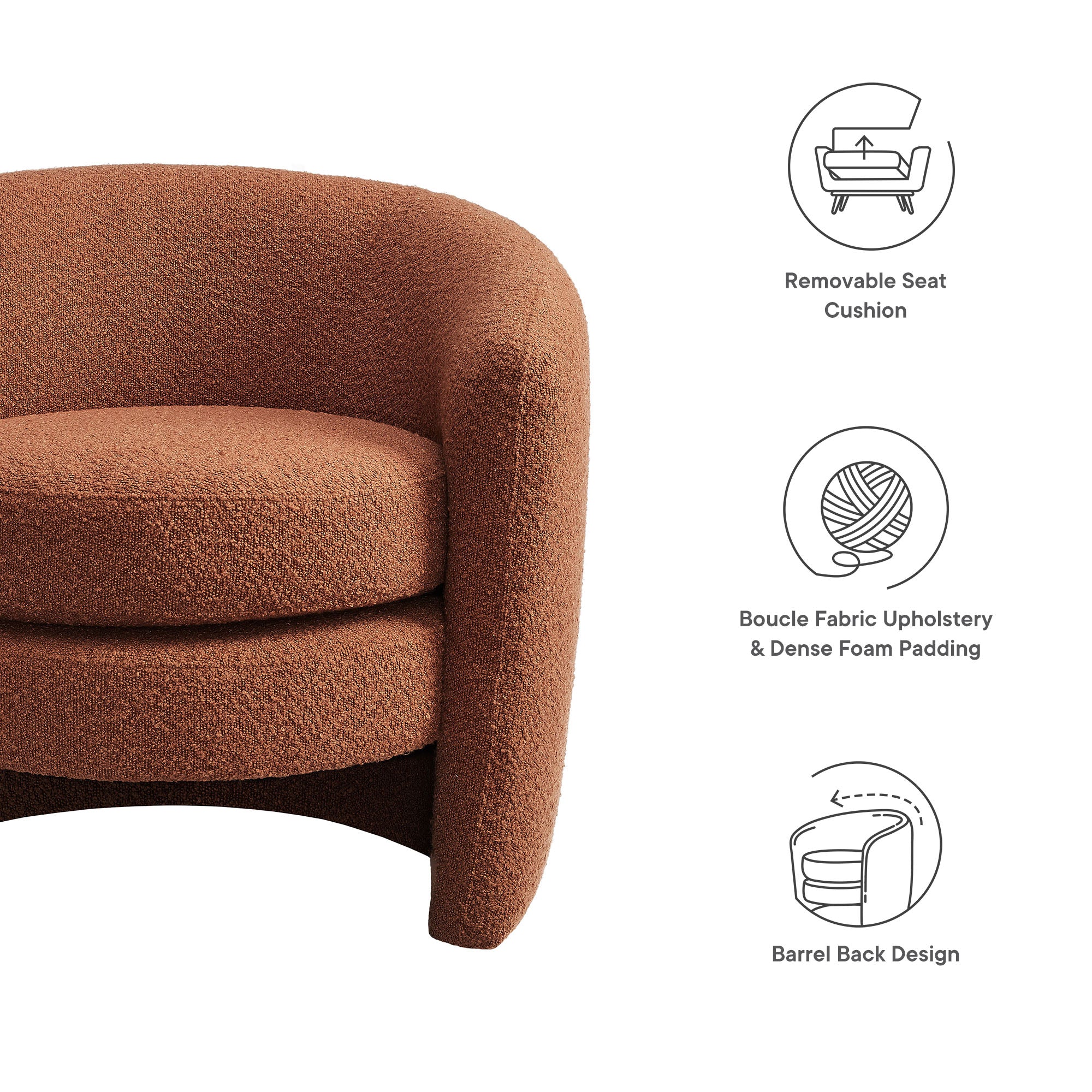 Affinity Upholstered Boucle Fabric Curved Back Armchair - Rust