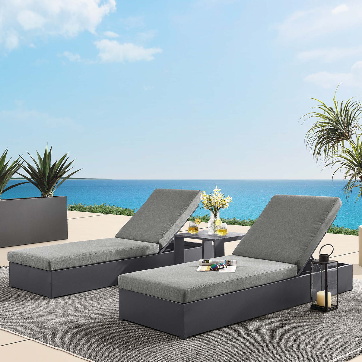 Tahoe 3-Piece Outdoor Patio Powder-Coated Aluminum Chaise Lounge Set - Gray Charcoal