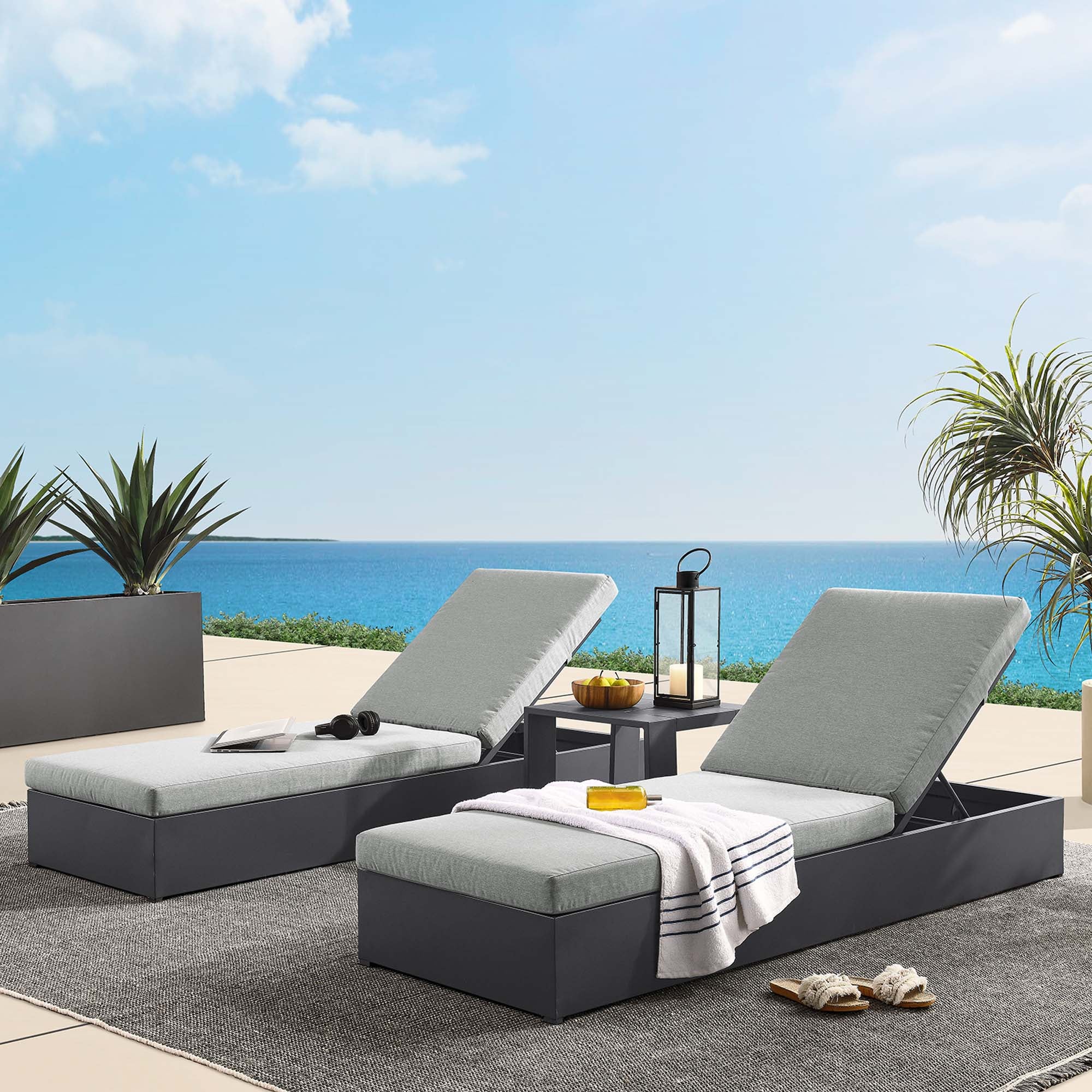 Tahoe 3-Piece Outdoor Patio Powder-Coated Aluminum Chaise Lounge Set - Gray Gray