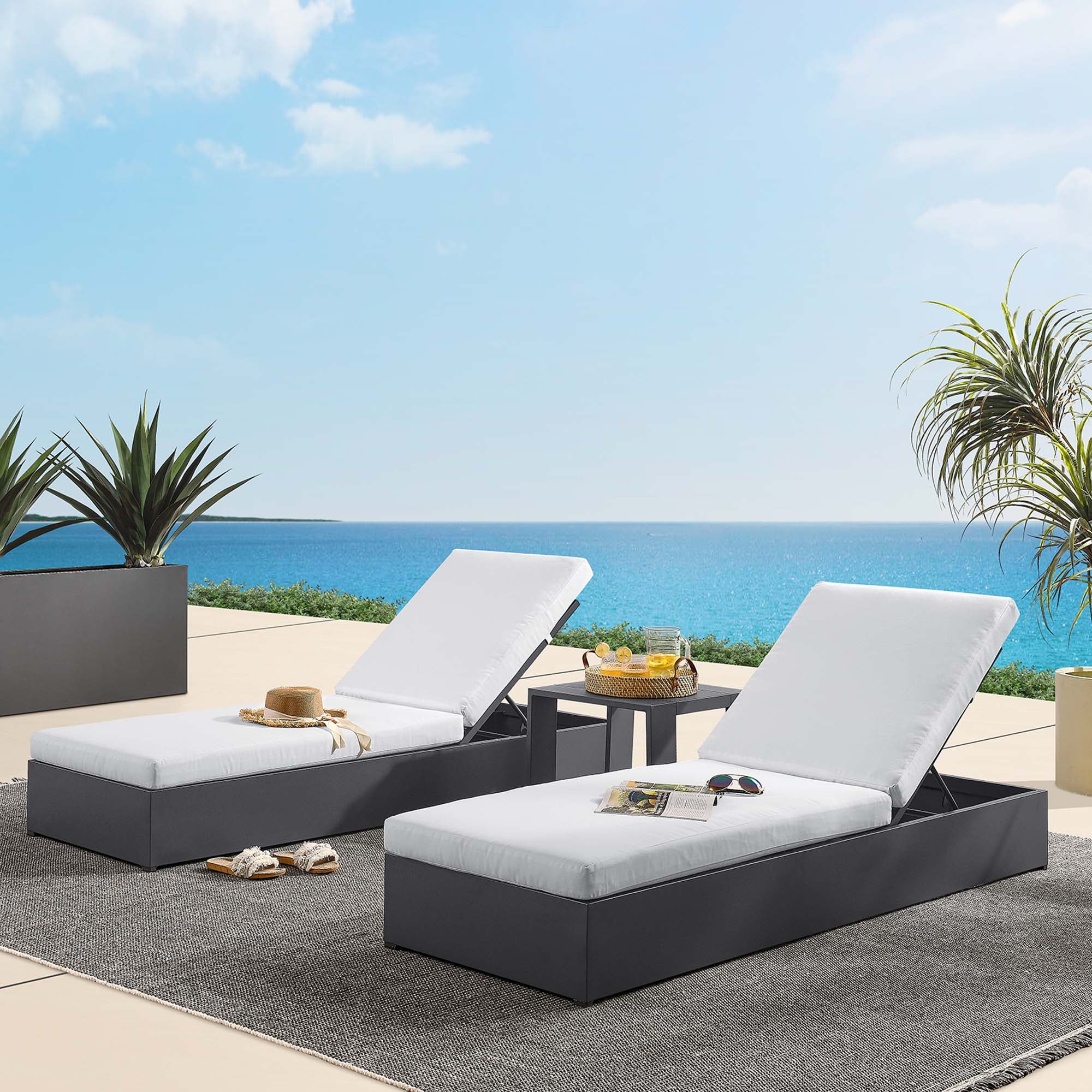 Tahoe 3-Piece Outdoor Patio Powder-Coated Aluminum Chaise Lounge Set - Gray White