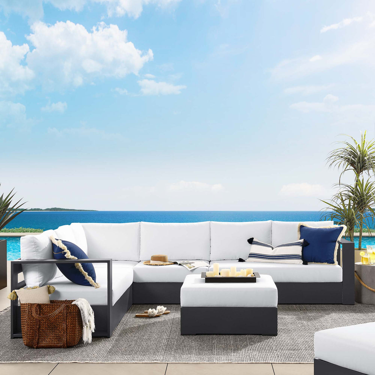 Tahoe 5-Piece Outdoor Patio Powder-Coated Aluminum Sectional Sofa Set - Gray White