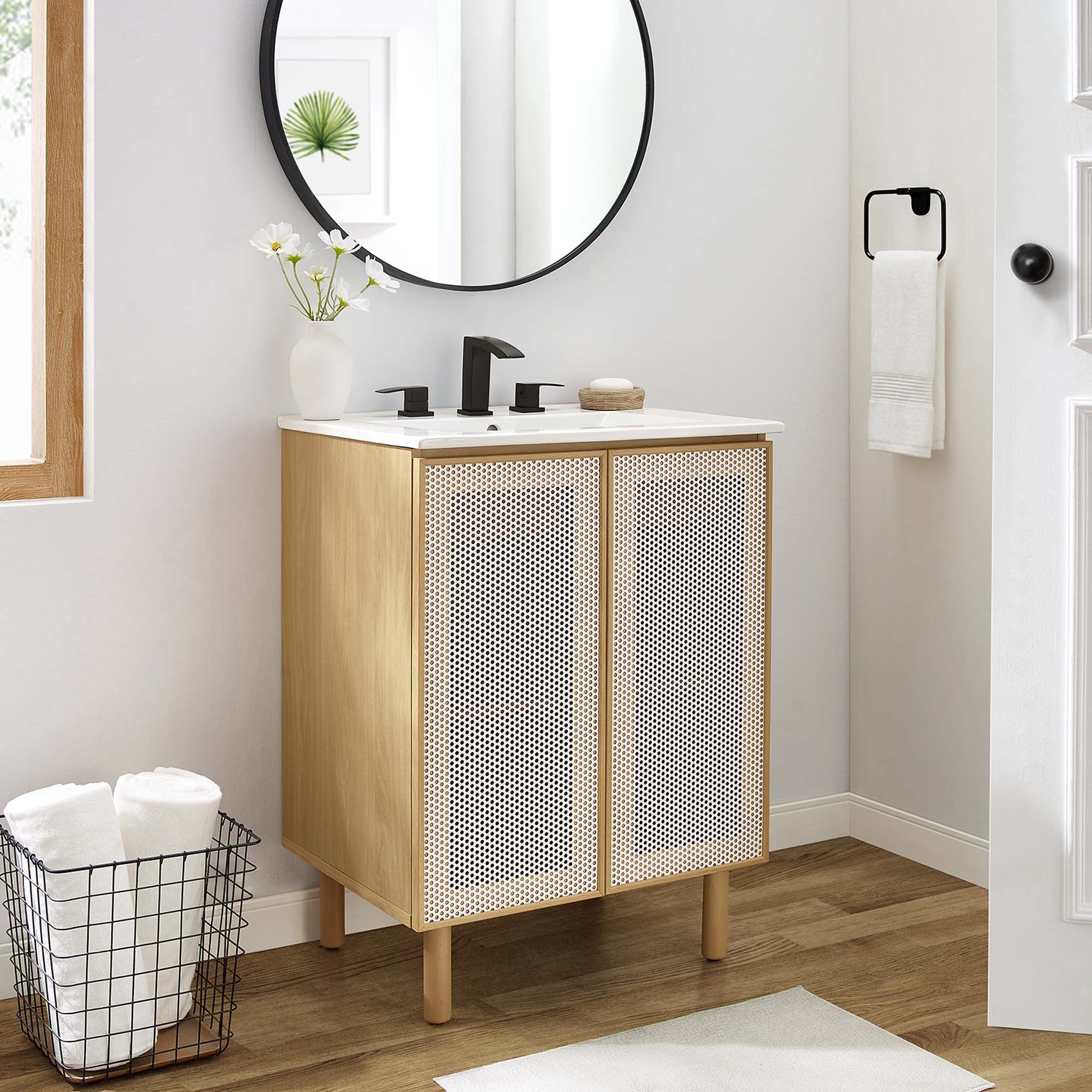 Calla 24" Perforated Metal Bathroom Vanity - White Oak