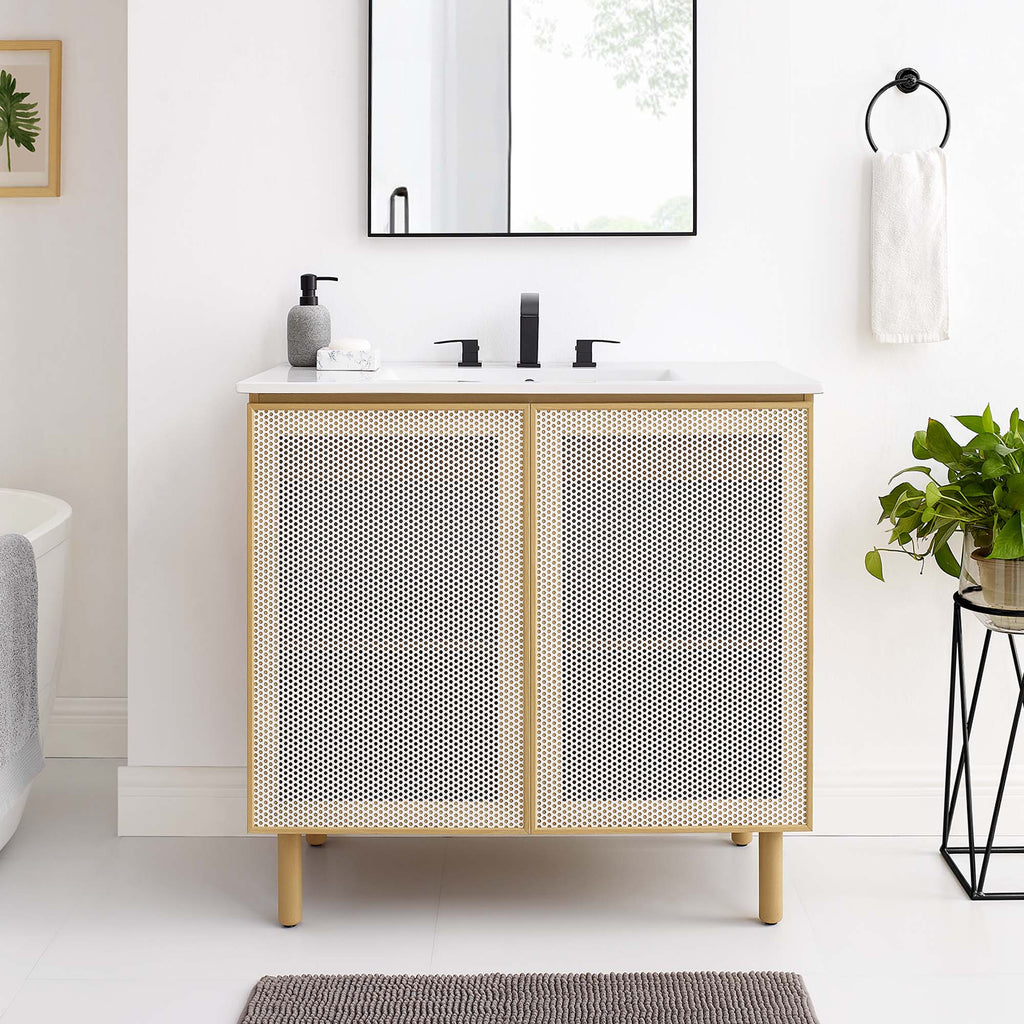 Calla 36" Perforated Metal Bathroom Vanity - White Oak