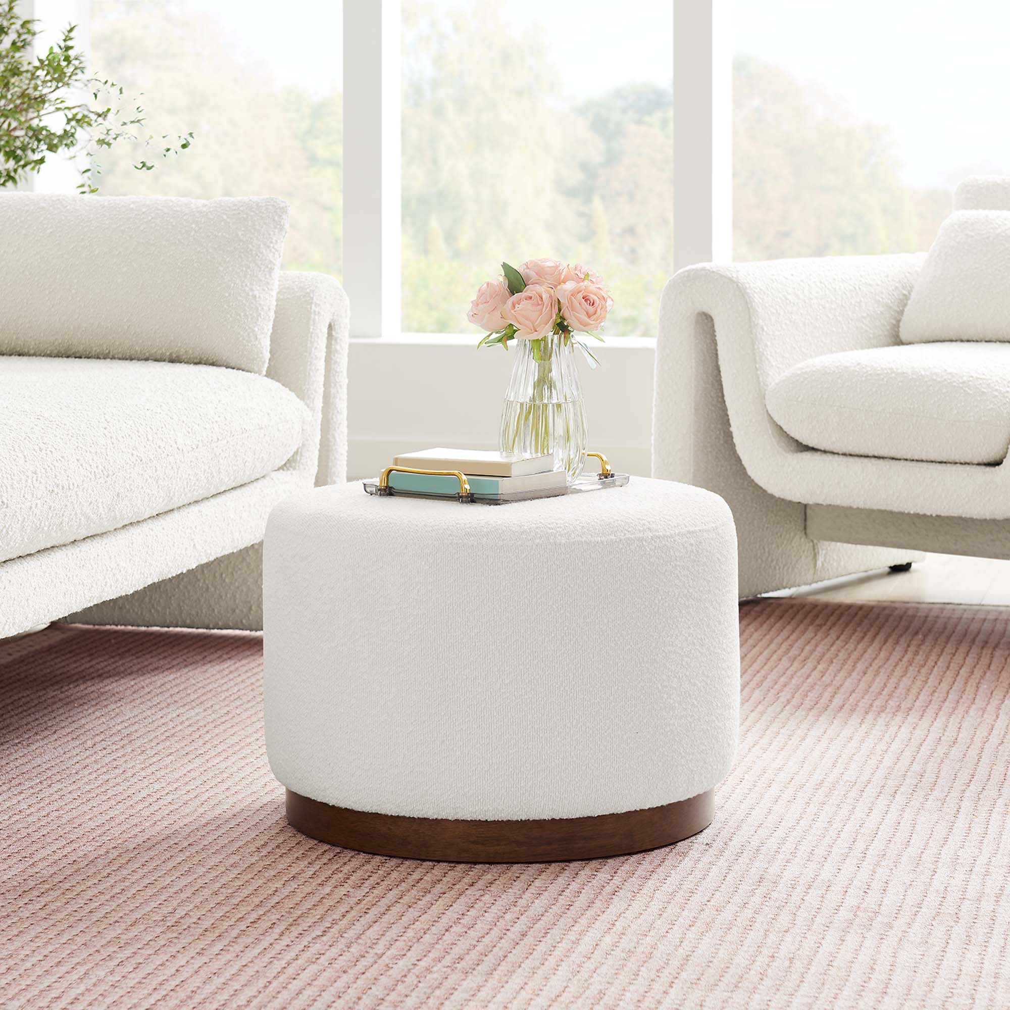 Tilden Large 23" Round Boucle Upholstered Upholstered Ottoman - Cloud Walnut