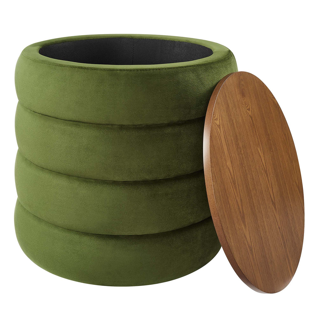 Mezzo Round Performance Velvet Storage Ottoman - Moss Green