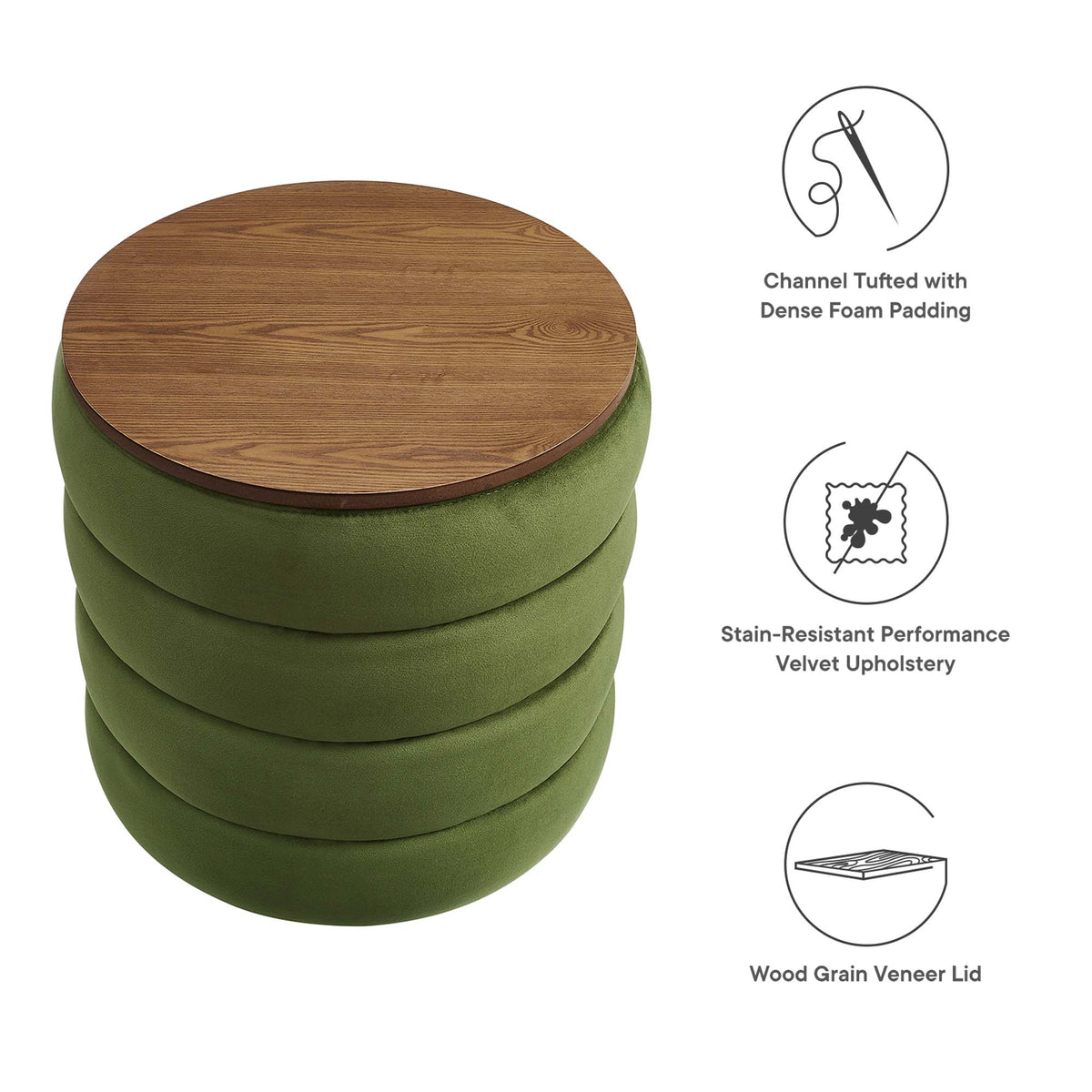 Mezzo Round Performance Velvet Storage Ottoman - Moss Green