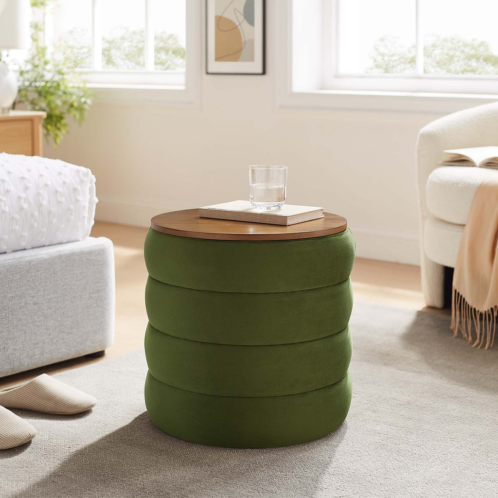Mezzo Round Performance Velvet Storage Ottoman - Moss Green
