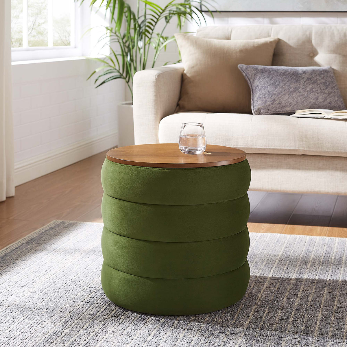 Mezzo Round Performance Velvet Storage Ottoman - Moss Green