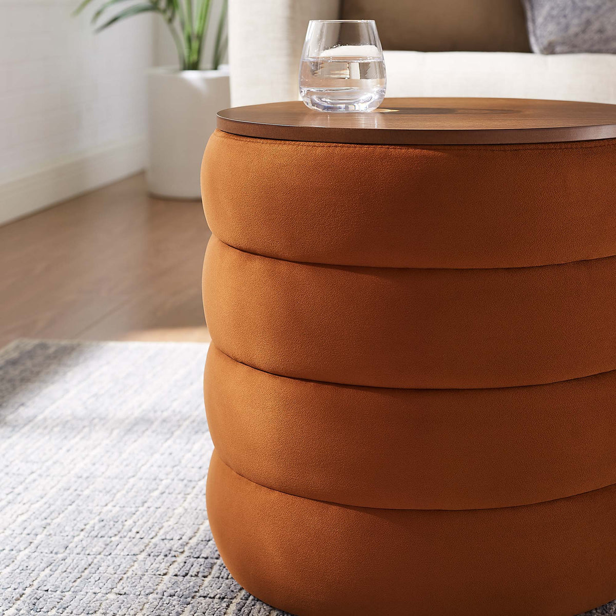 Mezzo Round Performance Velvet Storage Ottoman - Rust