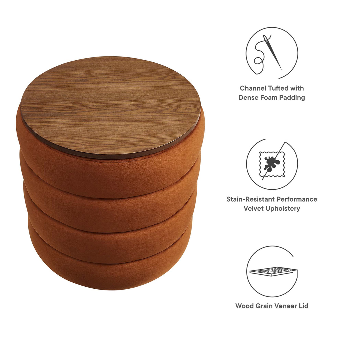 Mezzo Round Performance Velvet Storage Ottoman - Rust