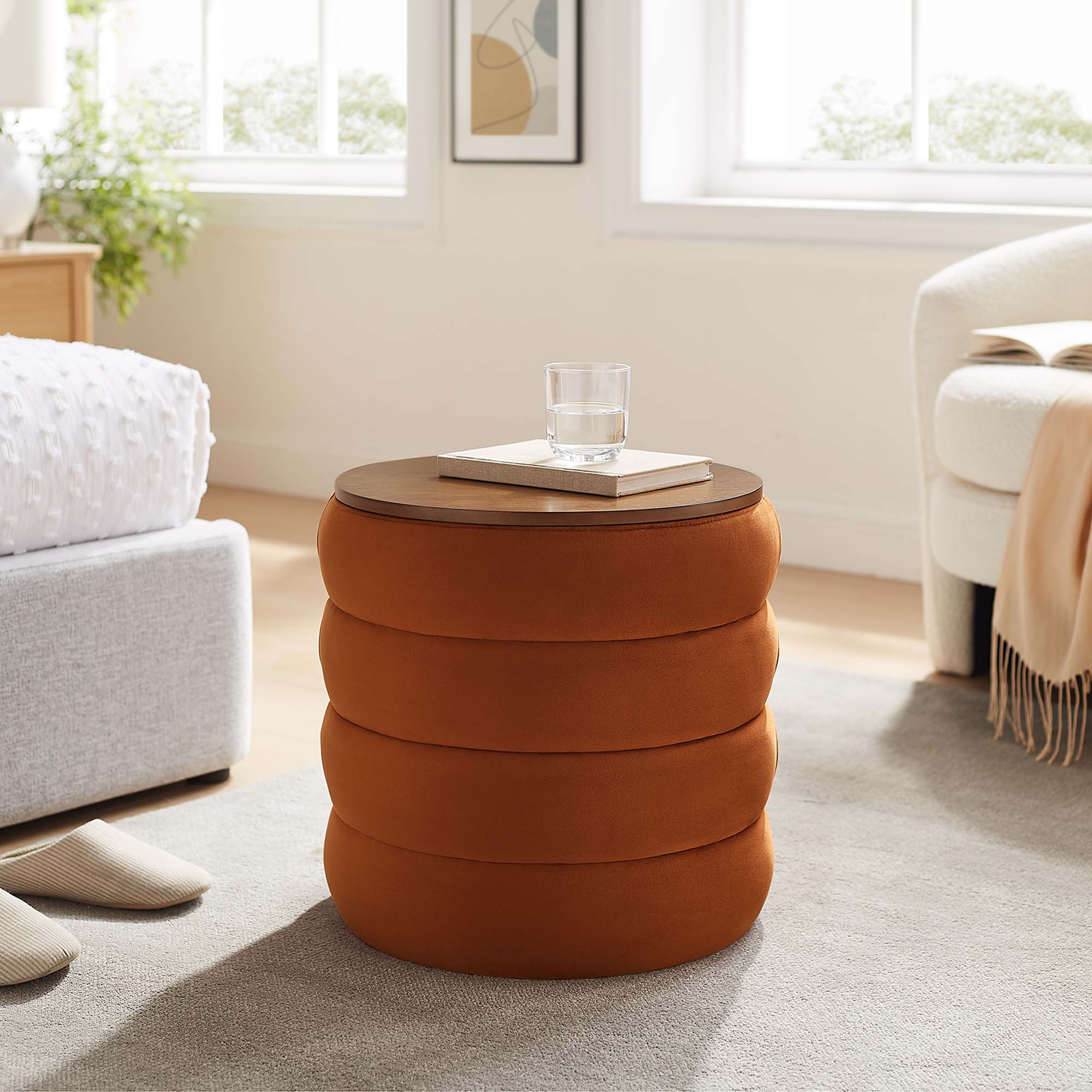 Mezzo Round Performance Velvet Storage Ottoman - Rust