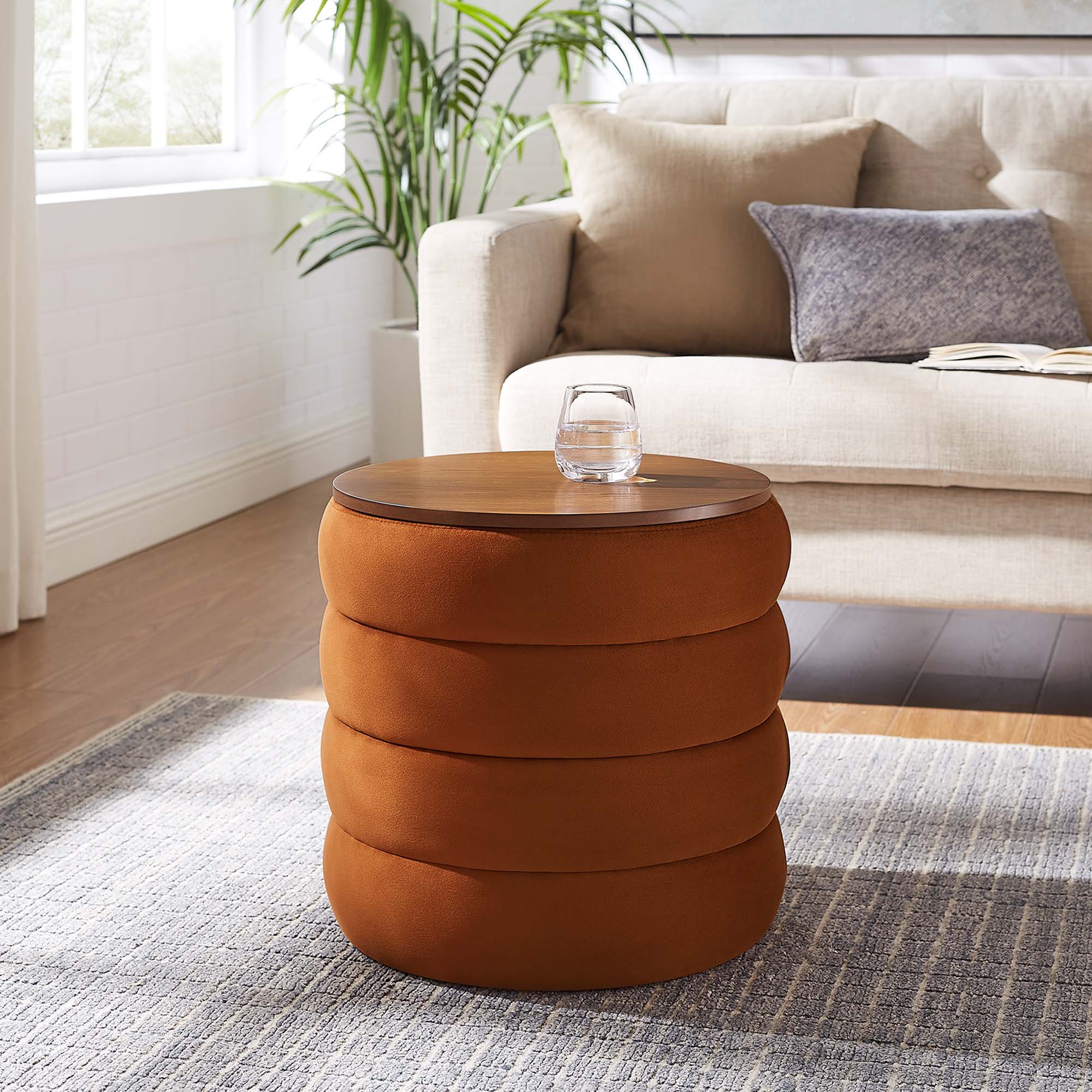 Mezzo Round Performance Velvet Storage Ottoman - Rust