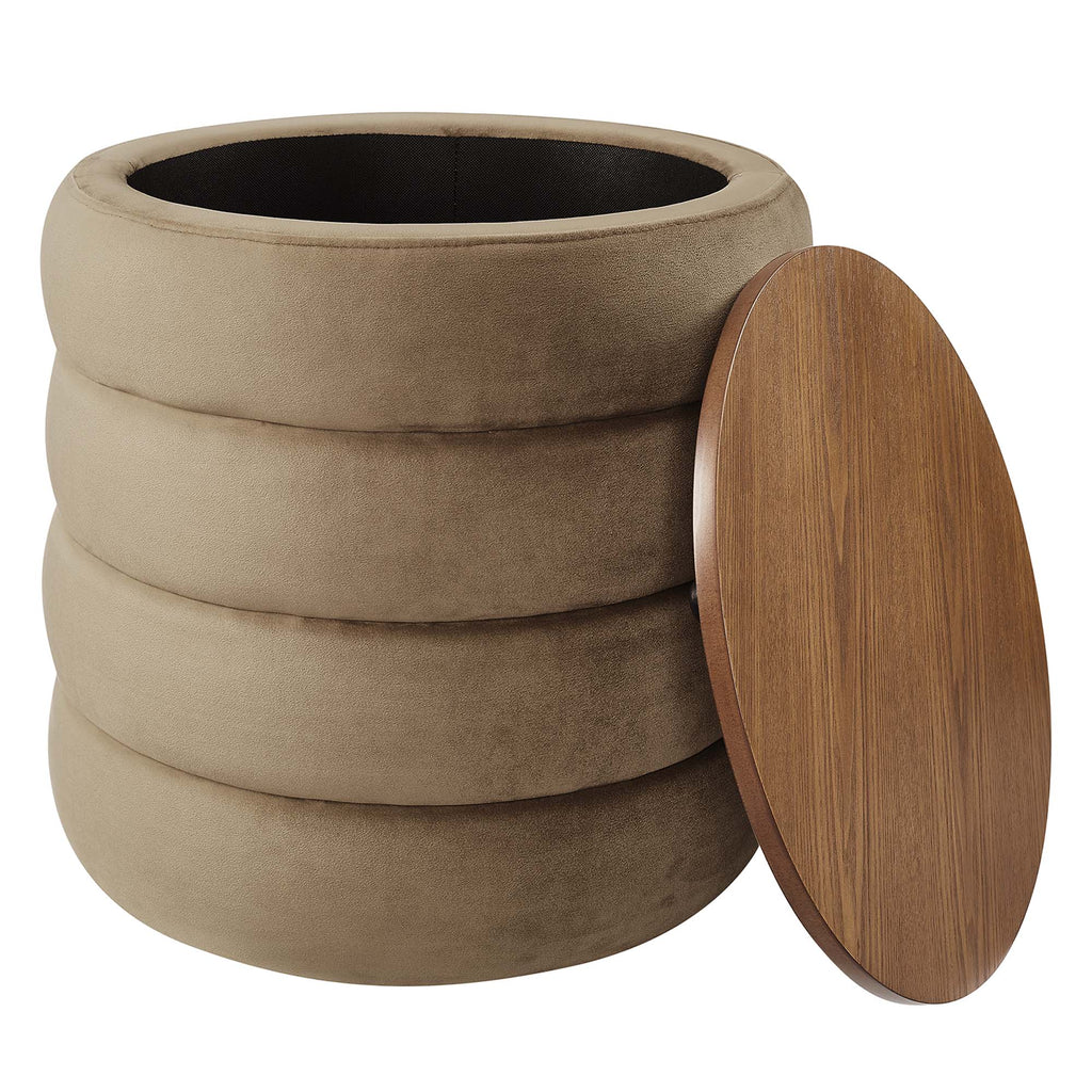 Mezzo Round Performance Velvet Storage Ottoman - Taupe