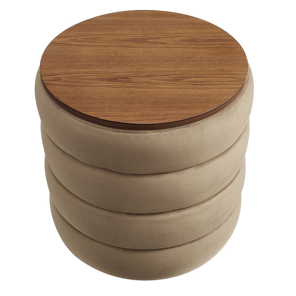 Mezzo Round Performance Velvet Storage Ottoman - Taupe