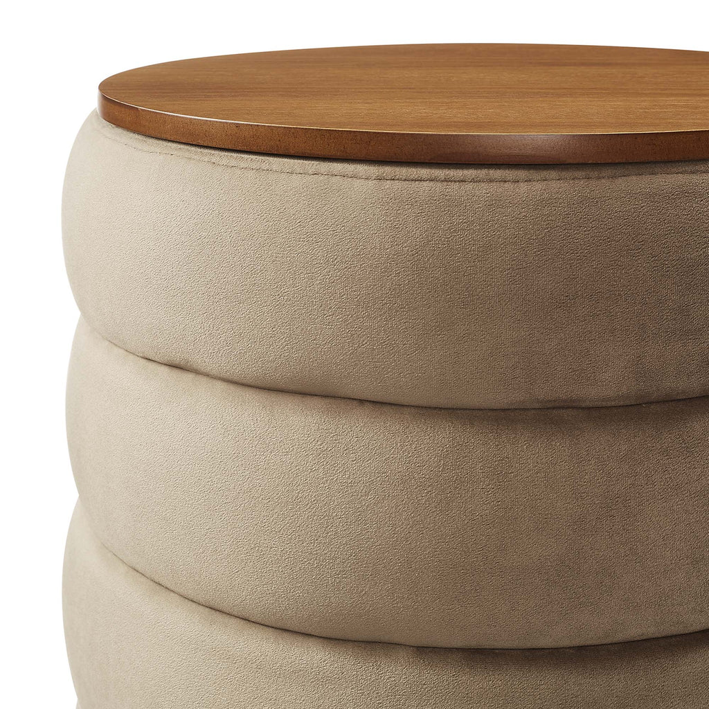 Mezzo Round Performance Velvet Storage Ottoman - Taupe