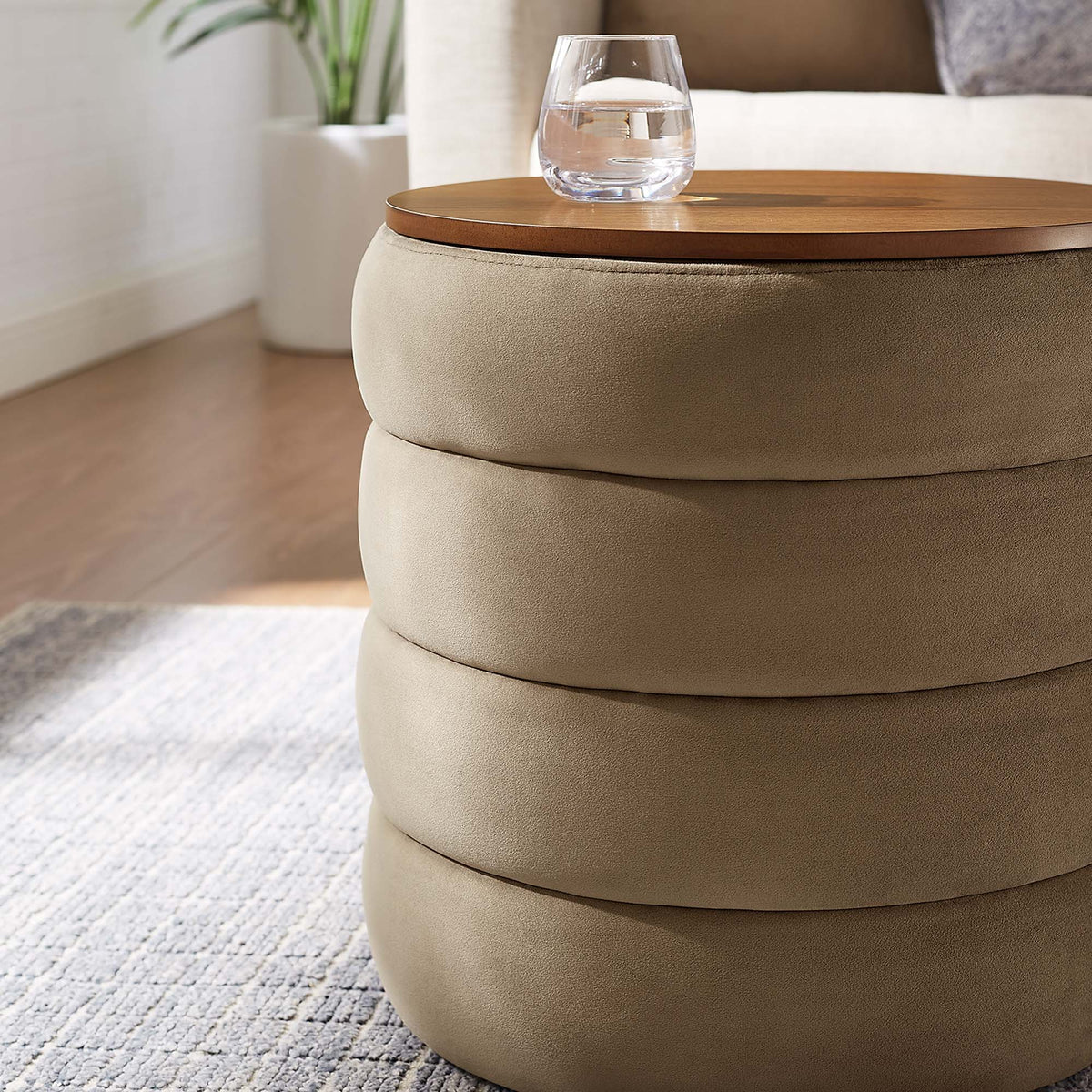 Mezzo Round Performance Velvet Storage Ottoman - Taupe