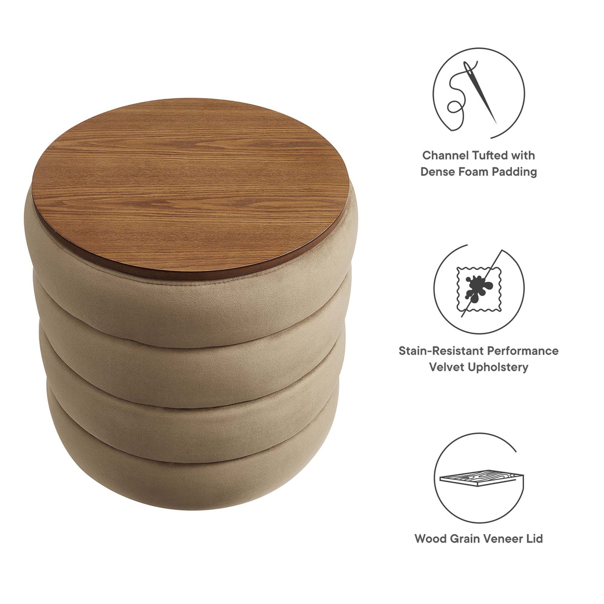 Mezzo Round Performance Velvet Storage Ottoman - Taupe