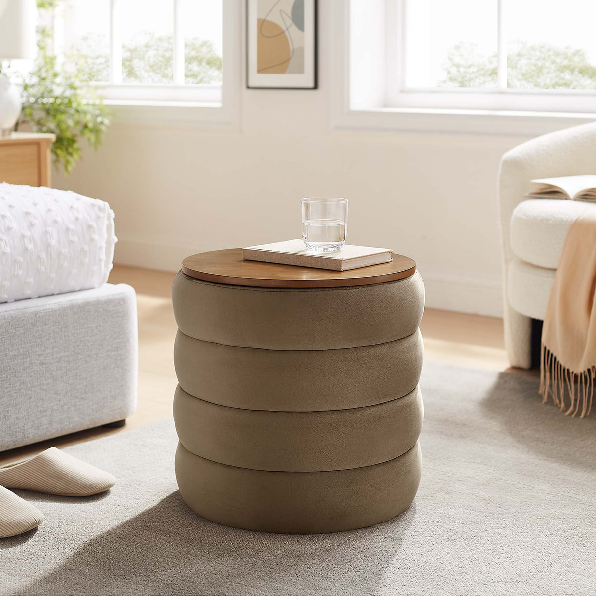 Mezzo Round Performance Velvet Storage Ottoman - Taupe