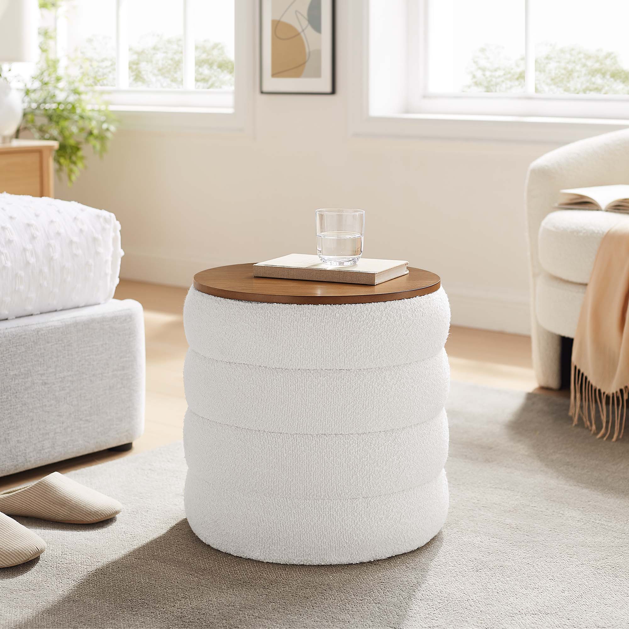 Mezzo Round Boucle Fabric Storage Ottoman - Cloud