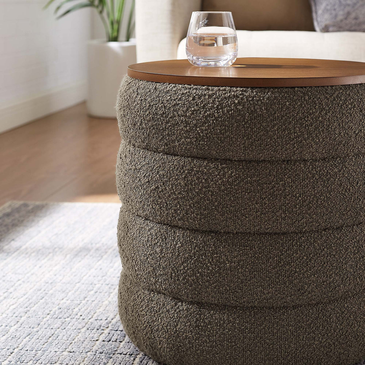 Mezzo Round Boucle Fabric Storage Ottoman - Pebble