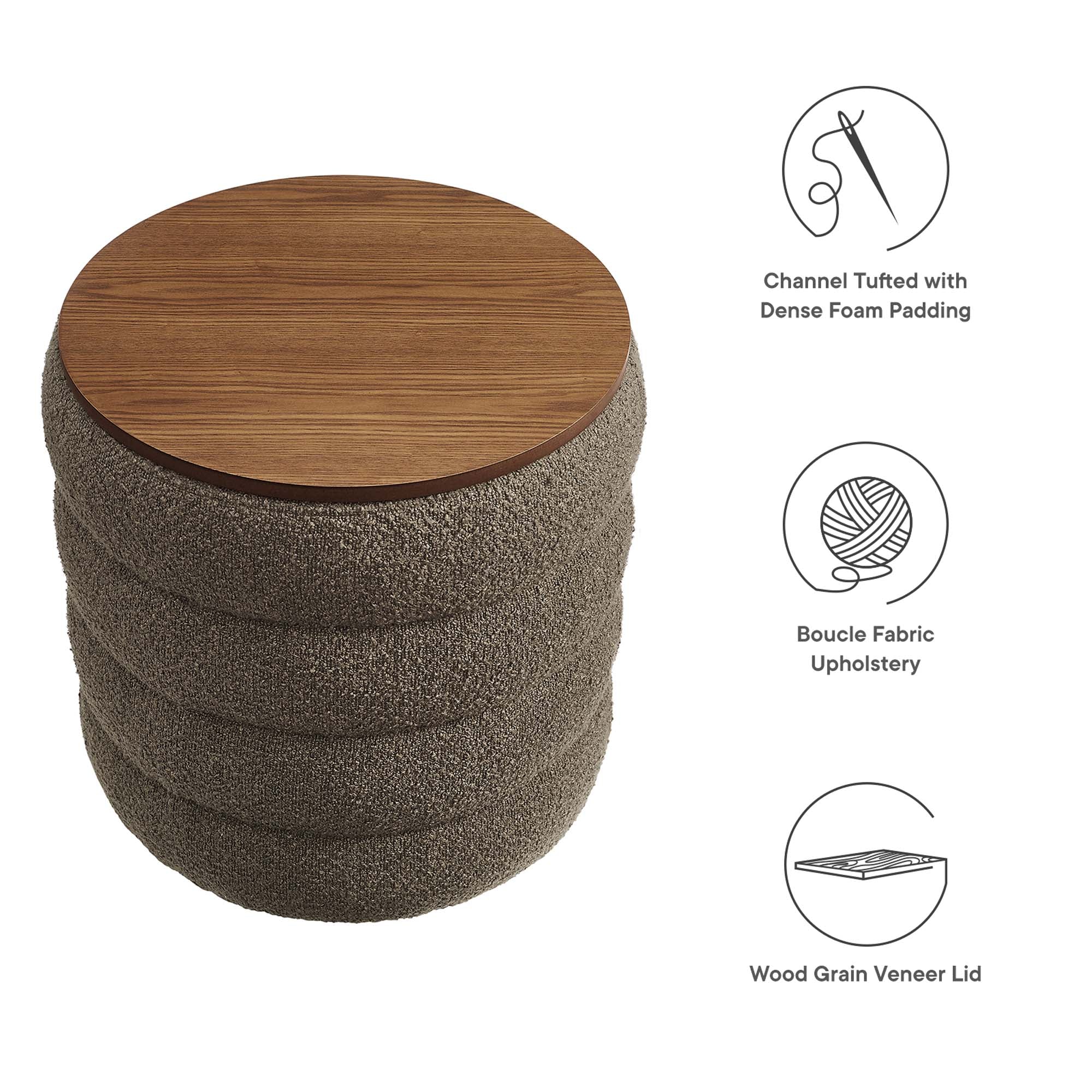 Mezzo Round Boucle Fabric Storage Ottoman - Pebble