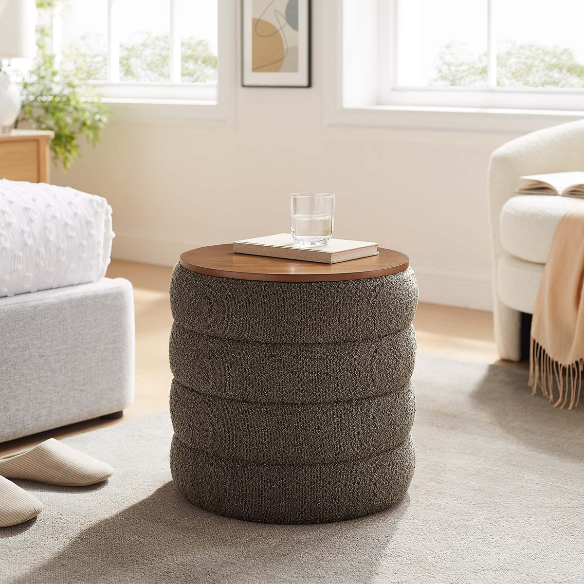 Mezzo Round Boucle Fabric Storage Ottoman - Pebble