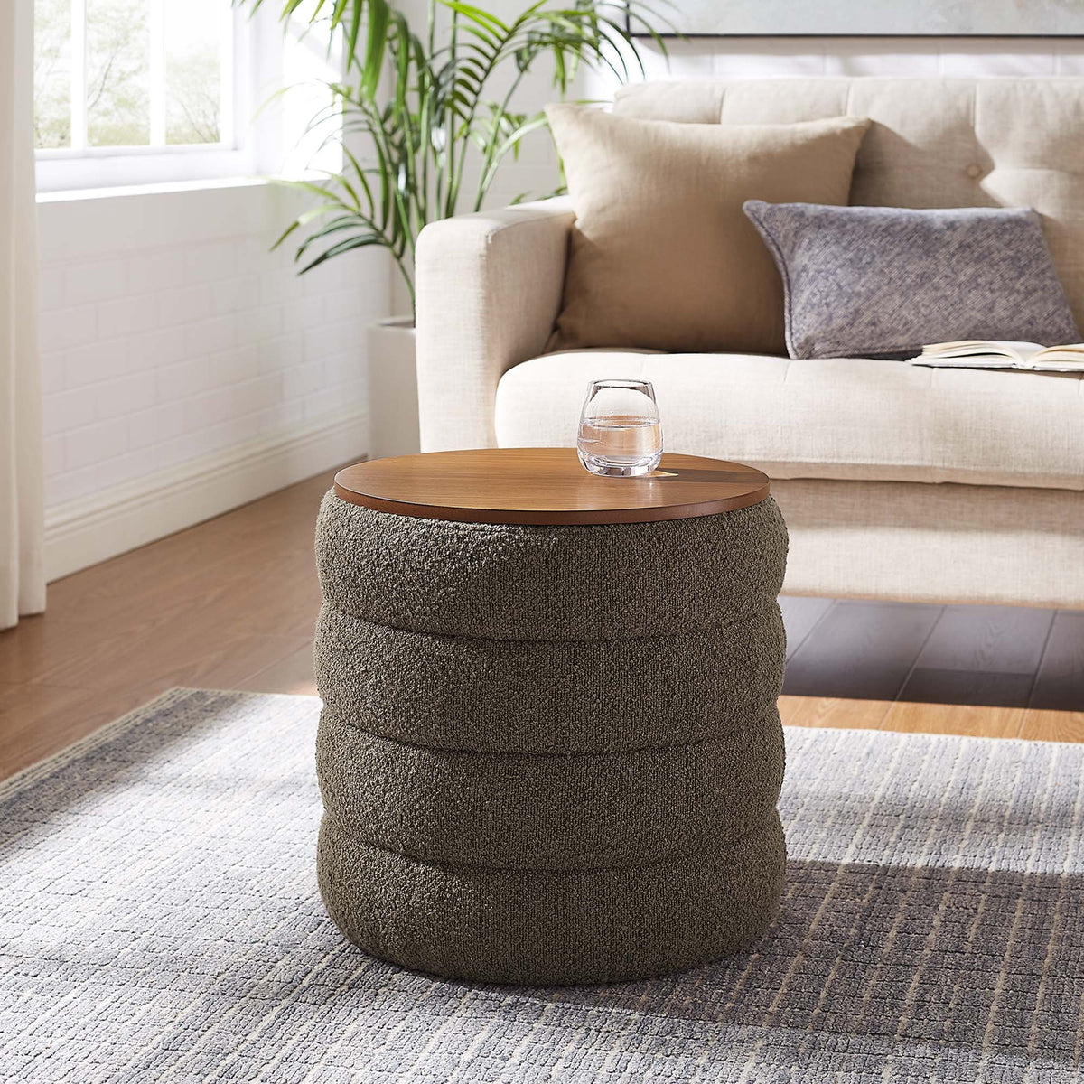 Mezzo Round Boucle Fabric Storage Ottoman - Pebble