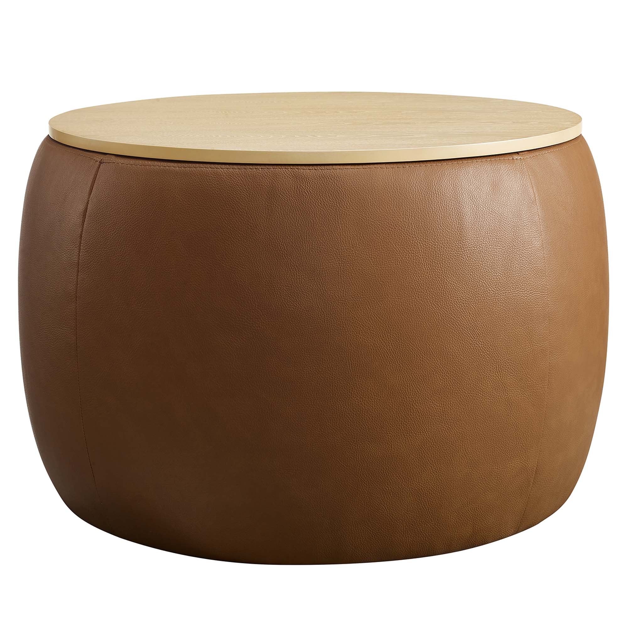Perla Round Vegan Leather Storage Ottoman - Tan