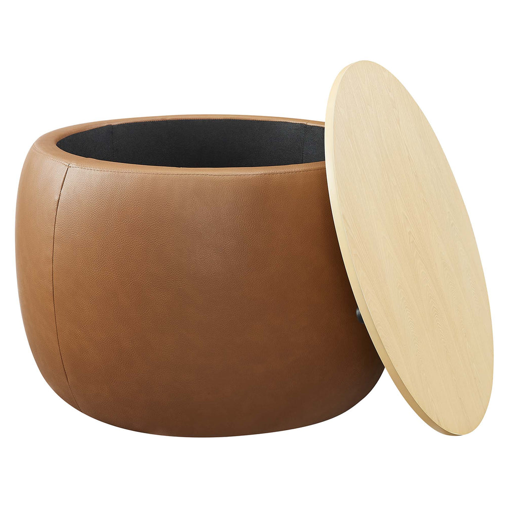 Perla Round Vegan Leather Storage Ottoman - Tan