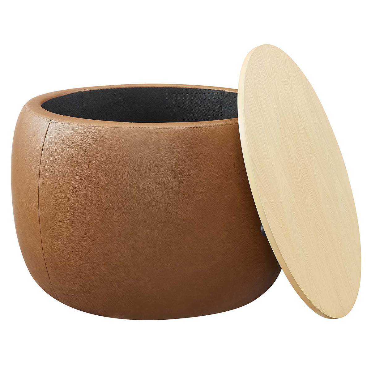 Perla Round Vegan Leather Storage Ottoman - Tan