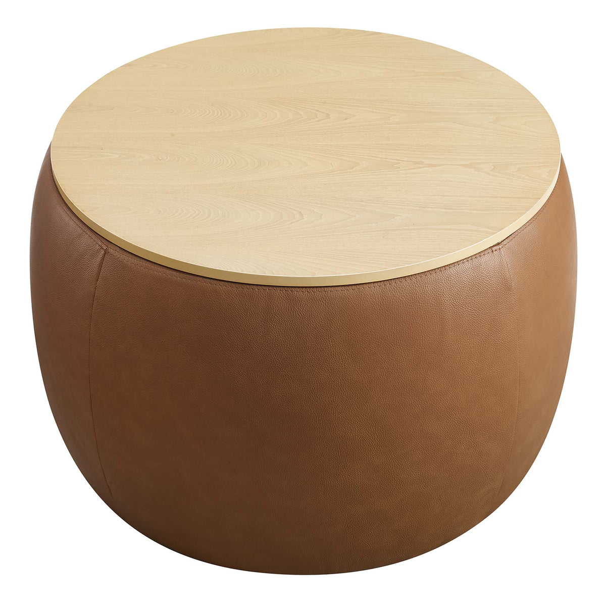 Perla Round Vegan Leather Storage Ottoman - Tan
