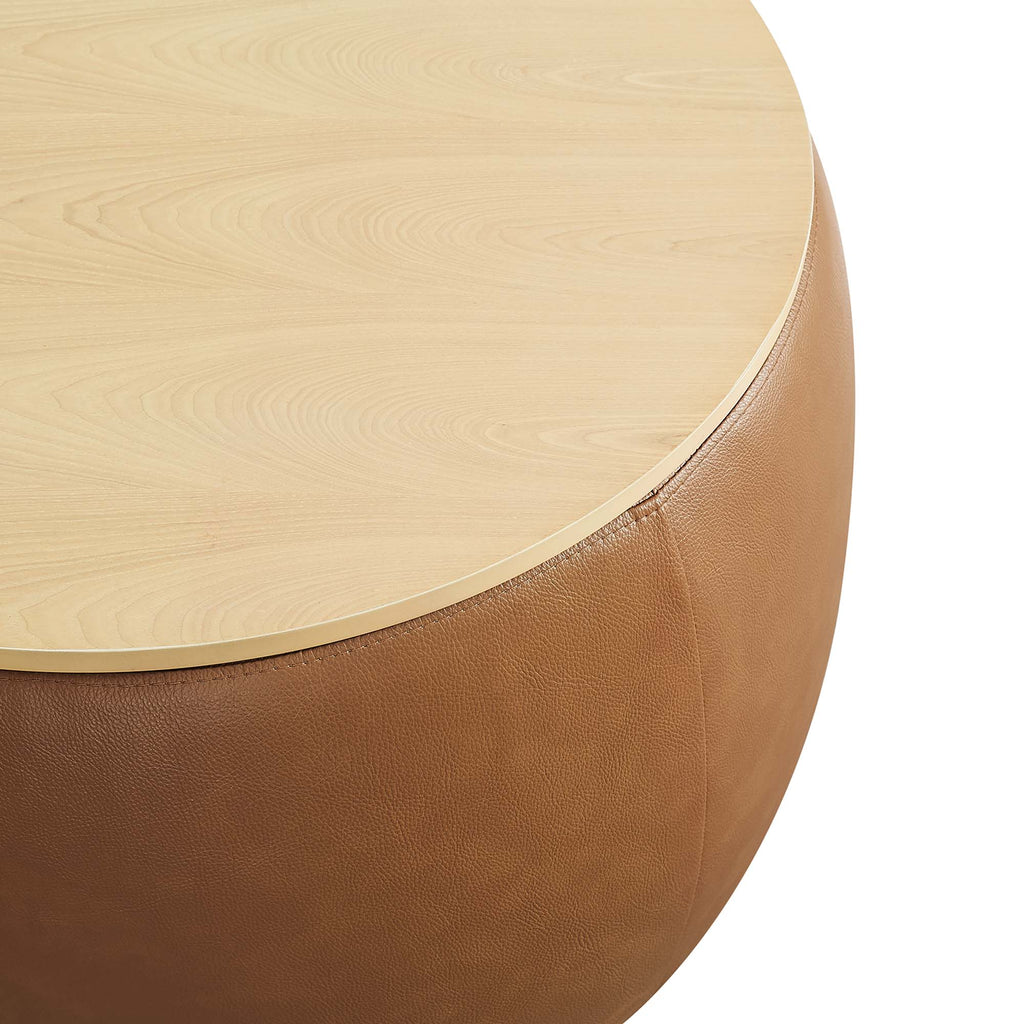 Perla Round Vegan Leather Storage Ottoman - Tan