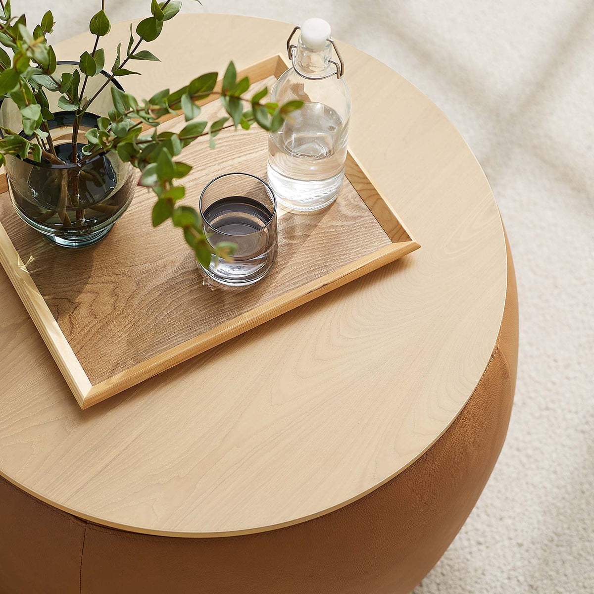 Perla Round Vegan Leather Storage Ottoman - Tan