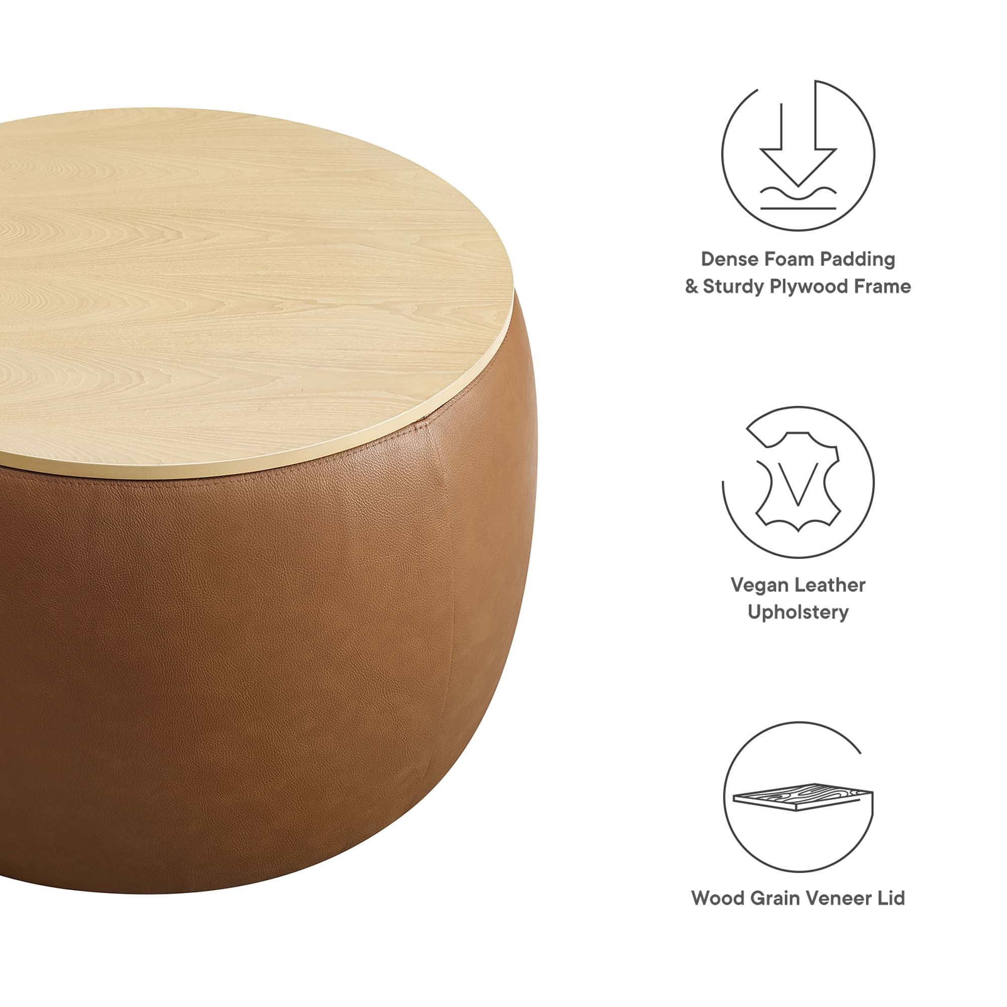 Perla Round Vegan Leather Storage Ottoman - Tan