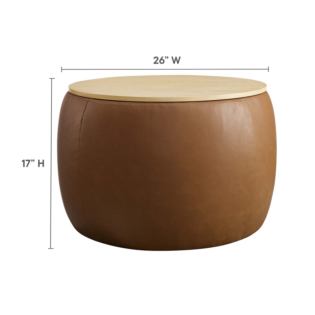 Perla Round Vegan Leather Storage Ottoman - Tan