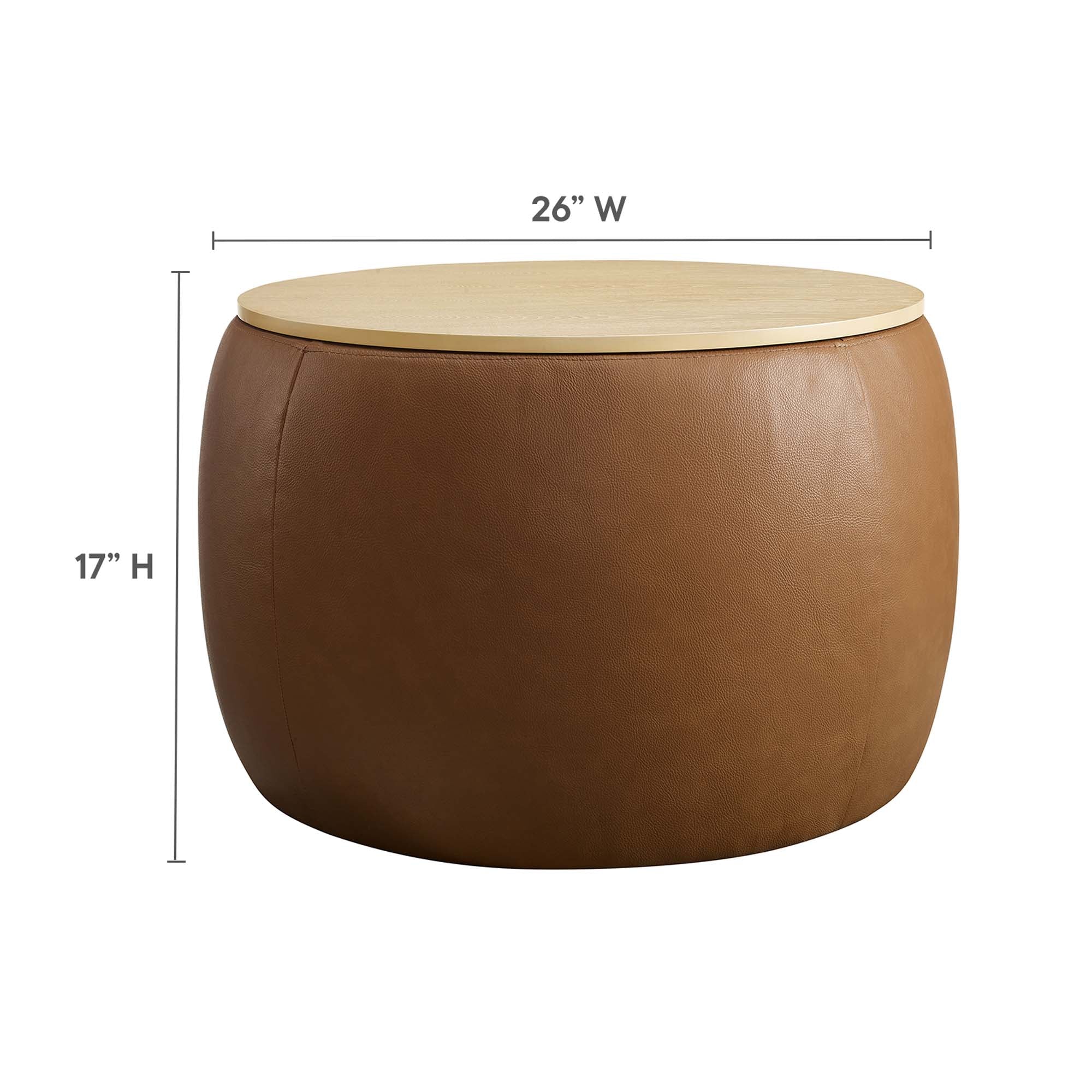 Perla Round Vegan Leather Storage Ottoman - Tan