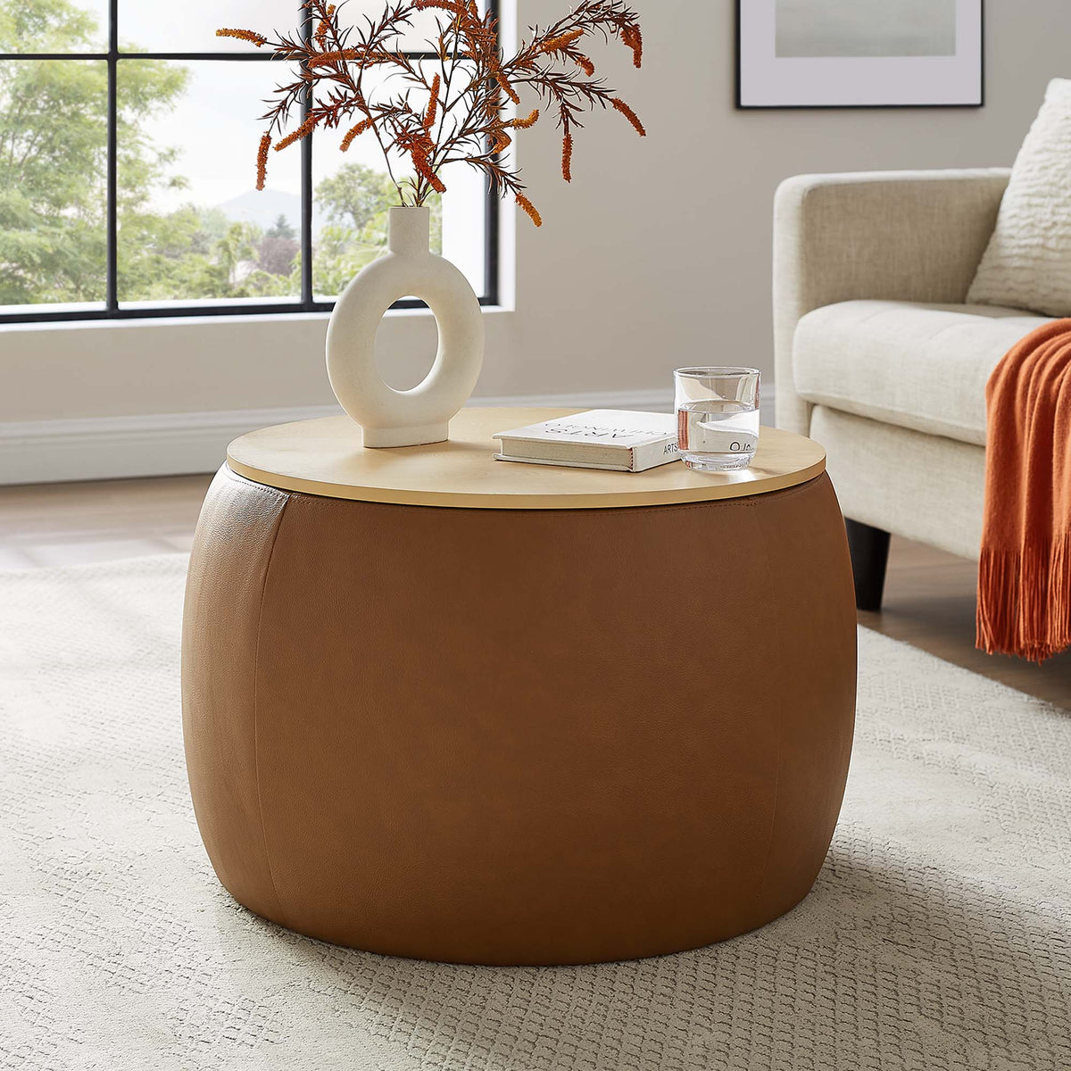 Perla Round Vegan Leather Storage Ottoman - Tan