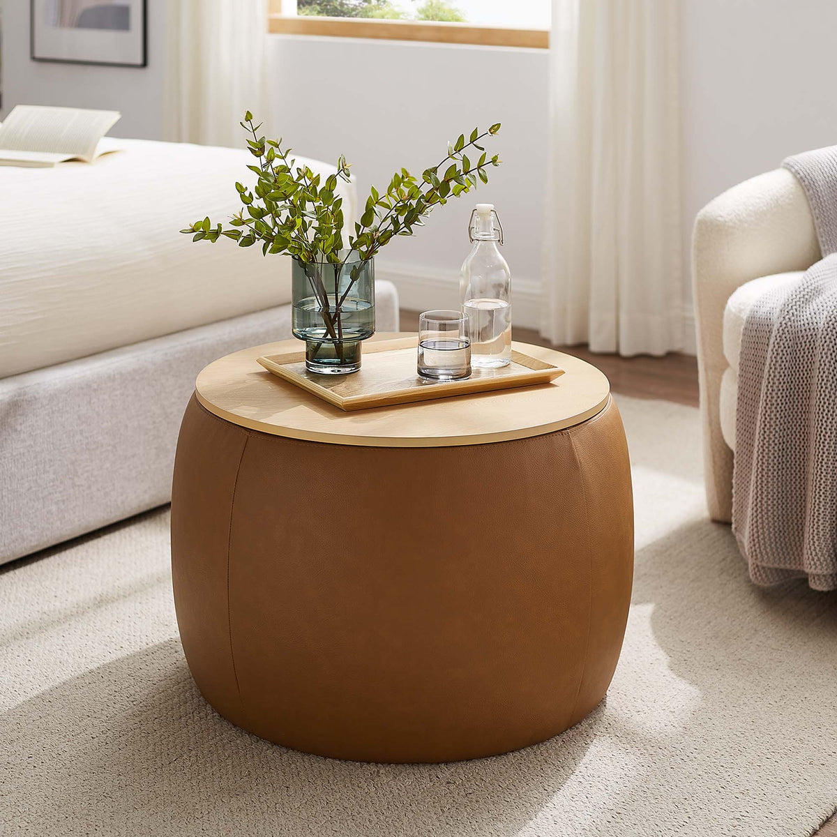 Perla Round Vegan Leather Storage Ottoman - Tan