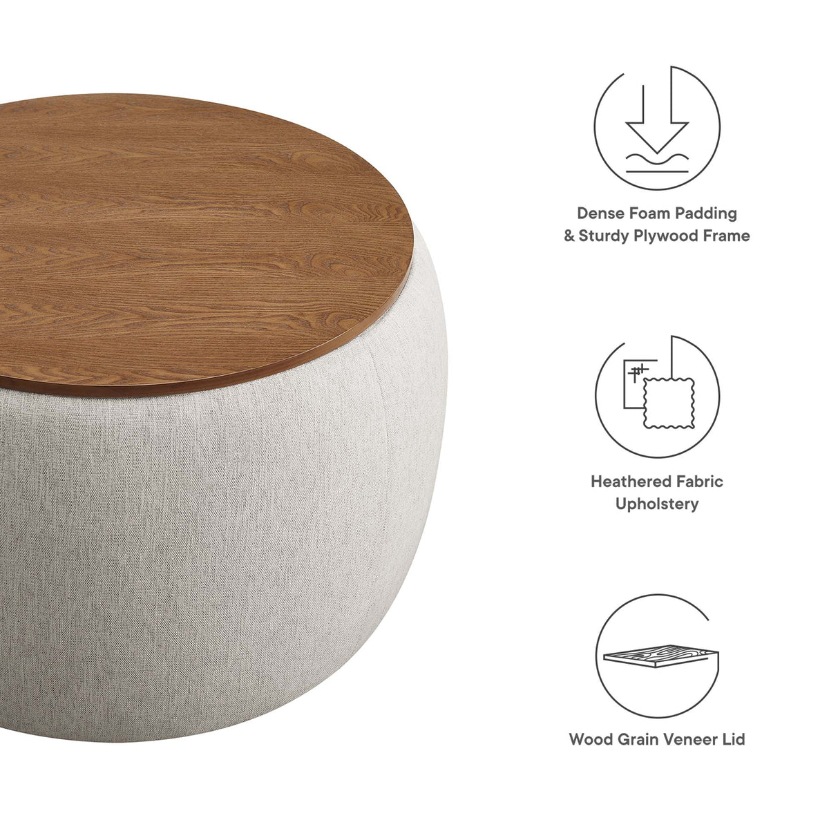 Perla Woven Heathered Fabric Upholstered Storage Ottoman - Heathered Weave Ivory