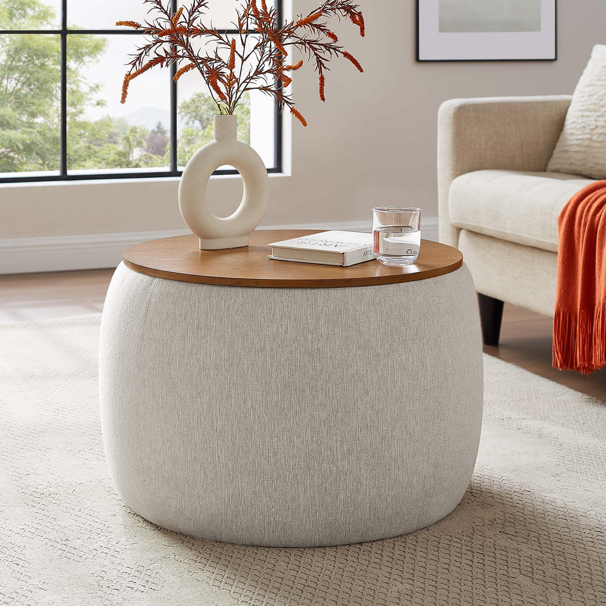 Perla Woven Heathered Fabric Upholstered Storage Ottoman - Heathered Weave Ivory