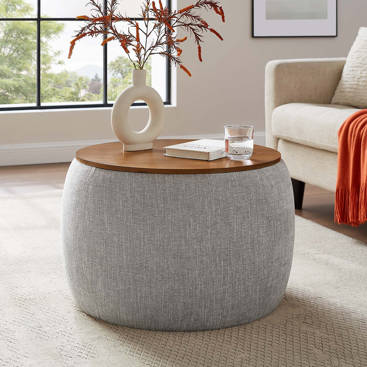 Perla Woven Heathered Fabric Upholstered Storage Ottoman - Heathered Weave Wheat