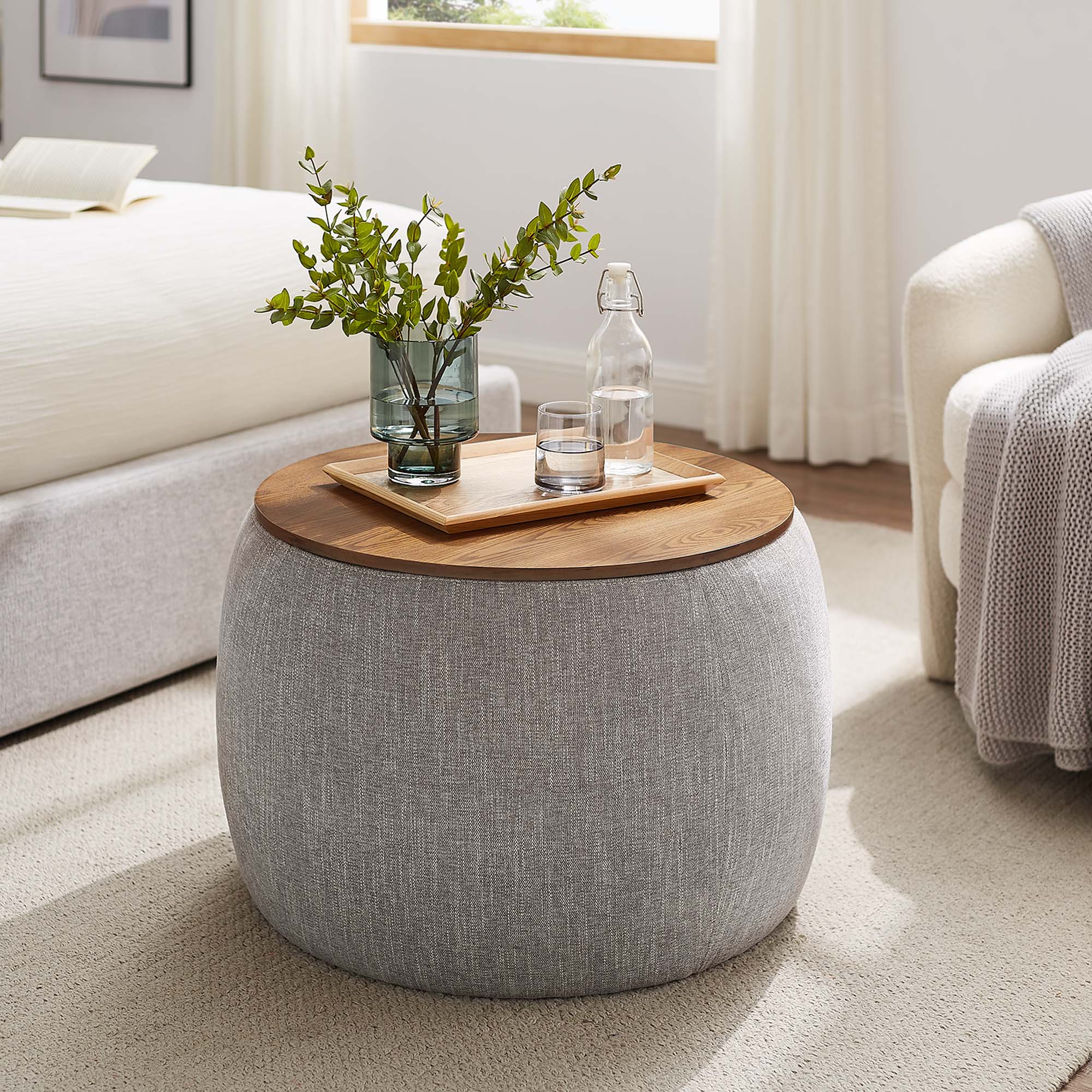 Perla Woven Heathered Fabric Upholstered Storage Ottoman - Heathered Weave Wheat
