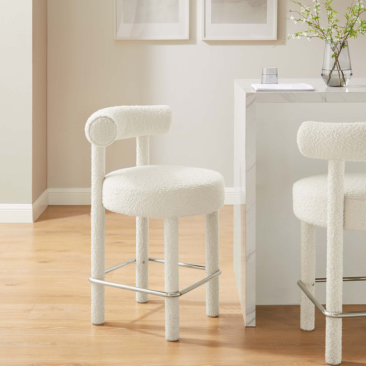 Toulouse Boucle Fabric Counter Stool Set of 2 - Ivory Silver
