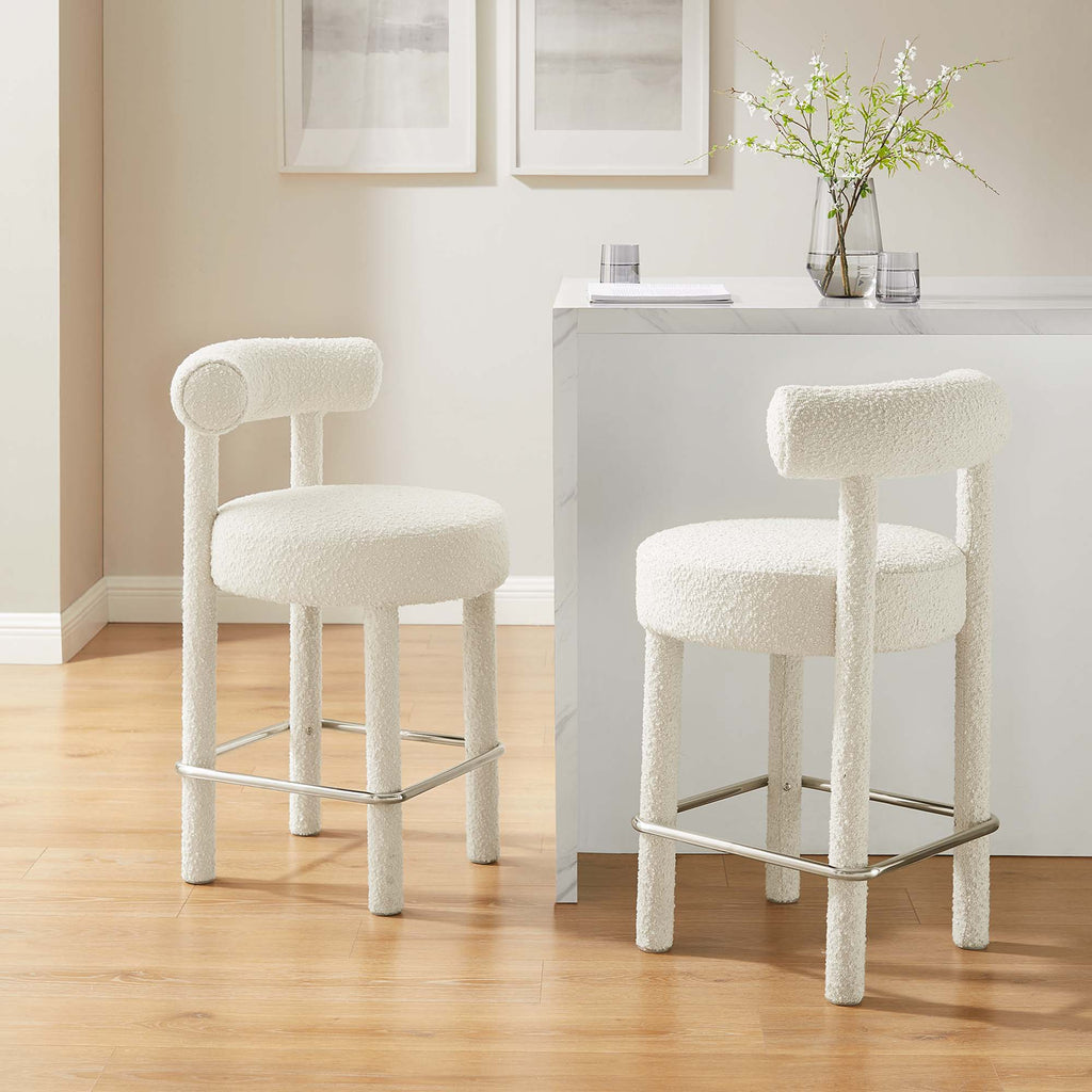 Toulouse Boucle Fabric Counter Stool Set of 2 - Ivory Silver