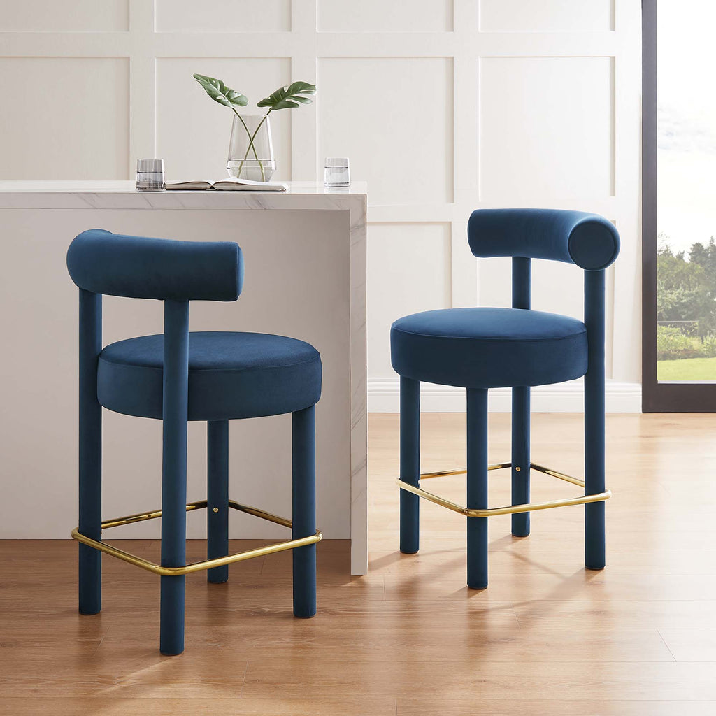 Toulouse Performance Velvet Counter Stool Set of 2 - Midnight Blue Gold