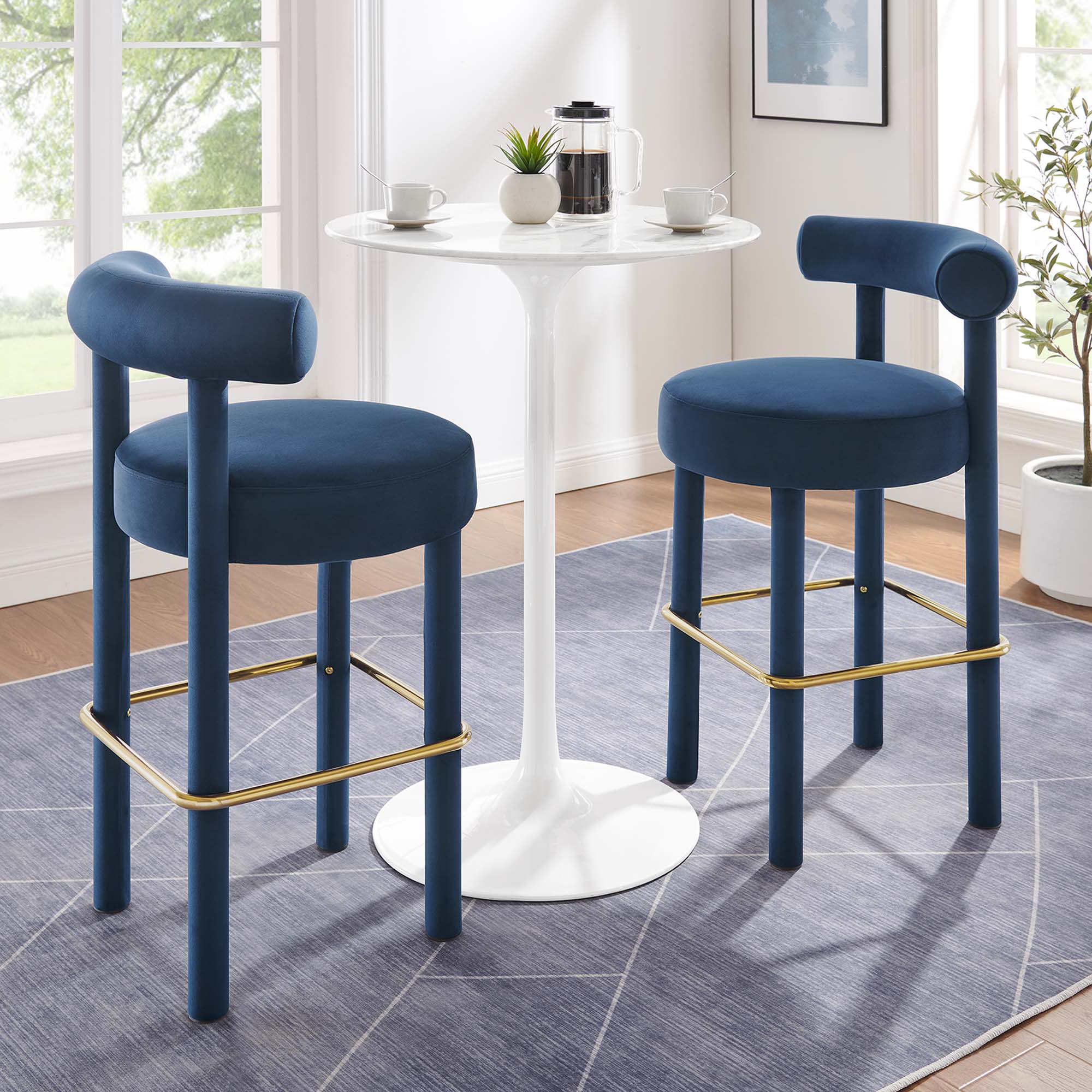 Toulouse Performance Velvet Bar Stool Set of 2 - Midnight Blue Gold