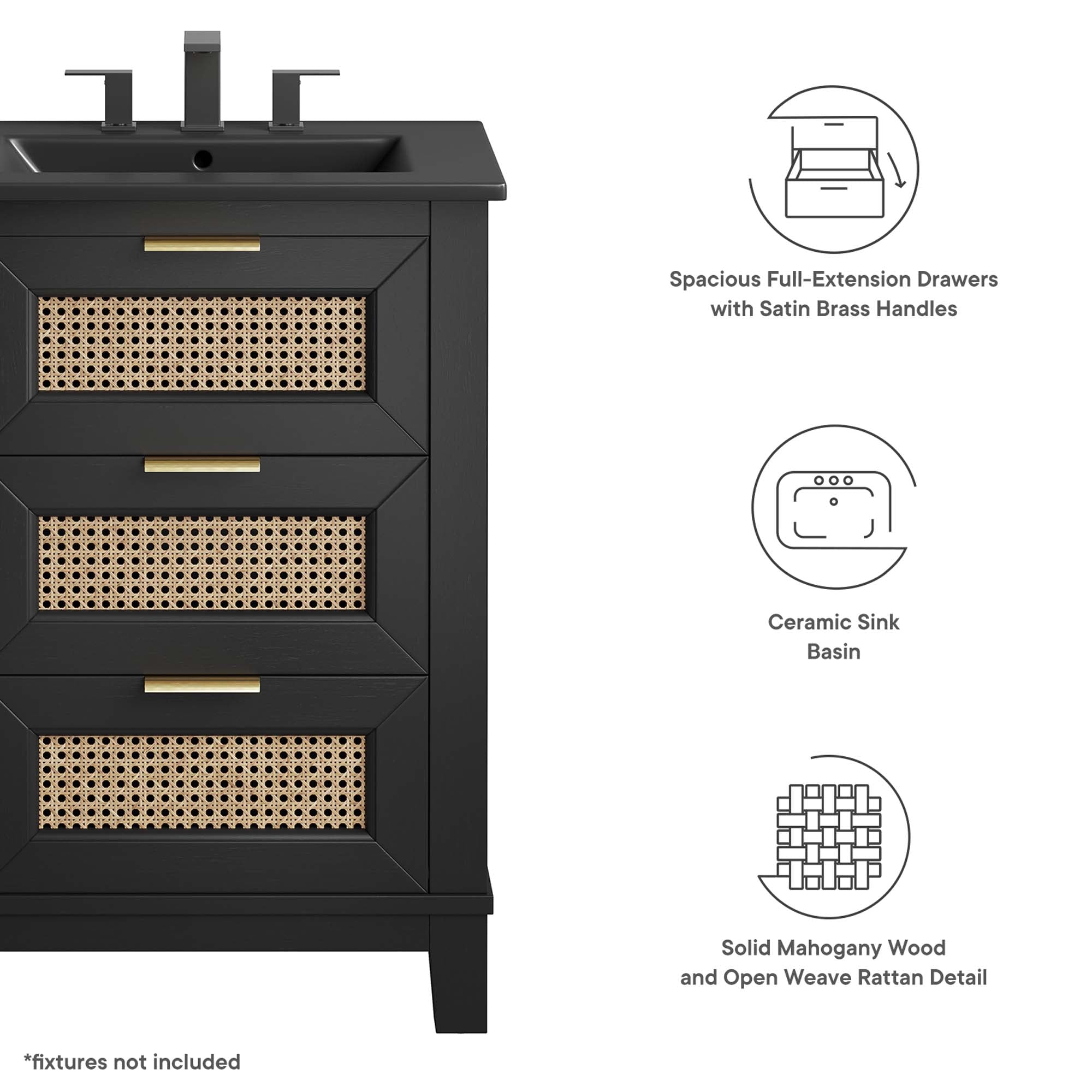 Dixie 24" Solid Wood Bathroom Vanity Cabinet - Black Black