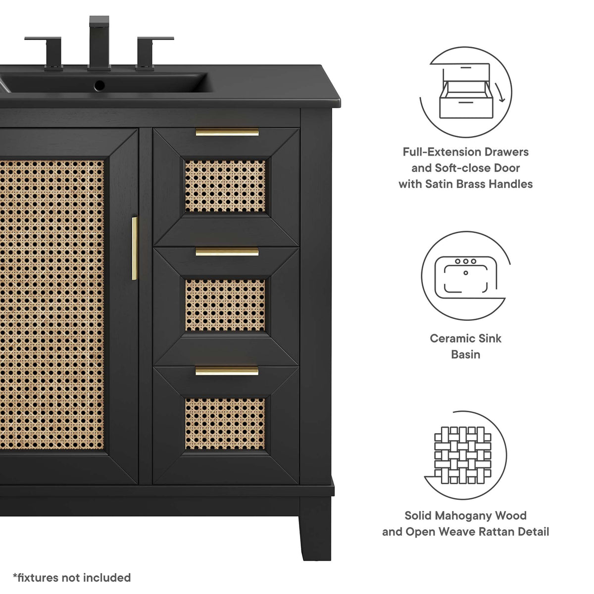 Dixie 36" Solid Wood Bathroom Vanity Cabinet - Black Black