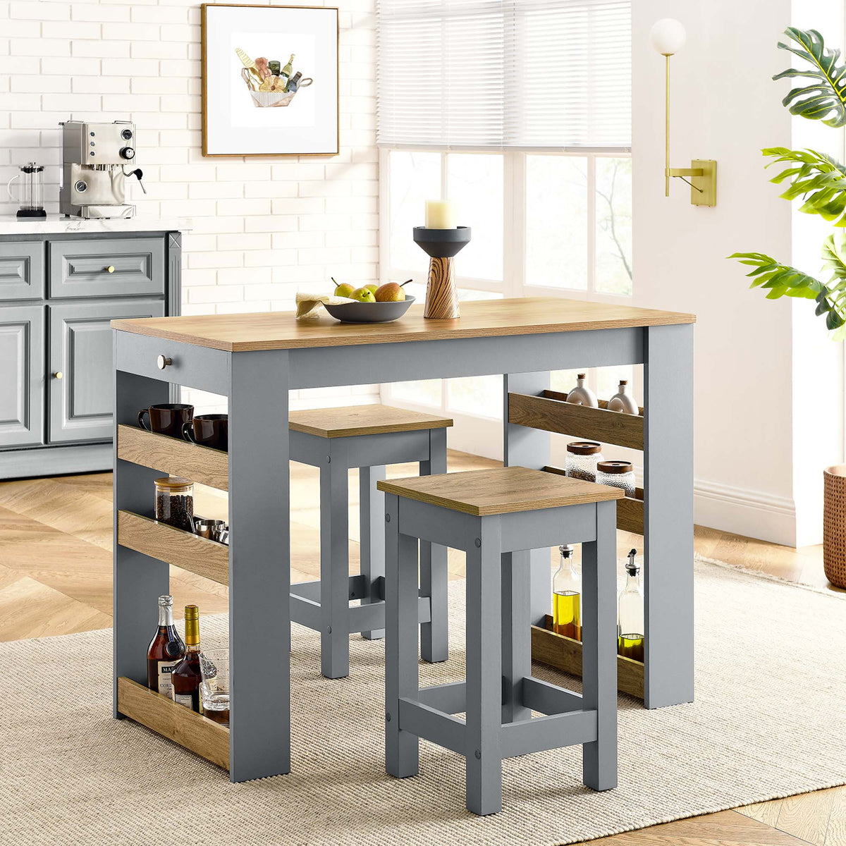 Galley 3-Piece Kitchen Island and Stool Set - Oak Gray